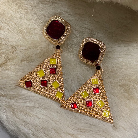 Gold and red drop earrings - Picture 1 of 2